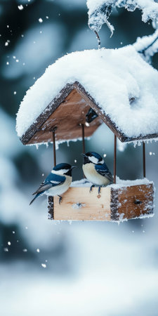 Charming Winter Bird Feeder Scene With Chickadees Enjoying a Meal in a Snowy Landscapeの素材