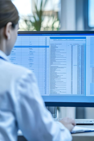 Medical Professional Analyzes Extensive Computer Data for In-Depth Insights from Eye Level Positionの素材