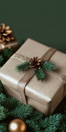 Christmas Decoration with Presents Wrapped in Brown Paper and Ribbons, Holiday Mood Inspirationの素材