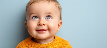 Adorable Little Child Smiling with Bright Blue Eyes and Light Blond Hair, Radiating Pure Happinessの素材
