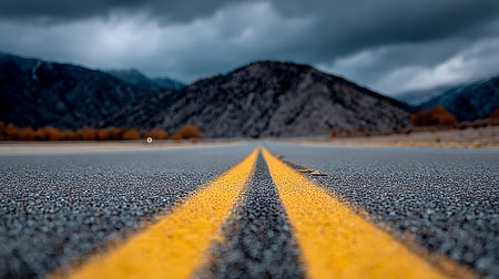 Winding Asphalt Road with Double Yellow Lines Leading to Majestic Mountain Range Under Dramatic Skyの素材