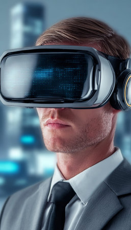 Augmented Reality Experience with Modern Man in VR Glasses Navigating Financial Marketsの素材