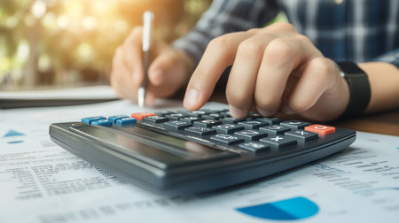 Analyzing Finances And Financial Planning A Person Calculating Business Data And Budget Statementsの素材