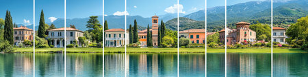 Breathtaking View of Picturesque Italian Lake Townhouses Reflecting in Tranquil Blue Watersの素材