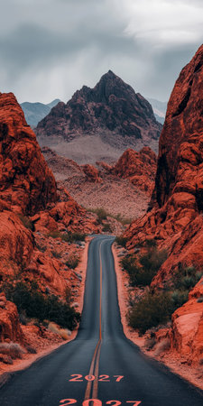 Solitude Pathway Open road winds through a breathtaking canyon leading to unknown adventures ahead.の素材