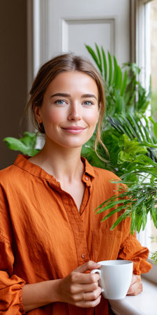 Attractive woman in a rustic shirt enjoying a coffee break by the window with a houseplant nearbyの素材