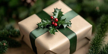 Elegant Christmas Gift Box Wrapped with Green Ribbon and Decorated with Holly Leaves for Stockの素材