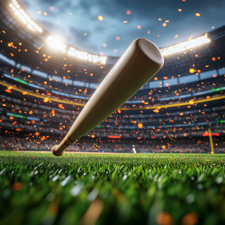 A Dramatic Baseball Game Under Bright Lights Capturing High-Speed Action and Intense Momentsの素材