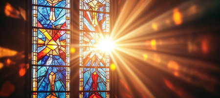 Vibrant Stained Glass Sunburst in Cathedral Colorful Rays of Light Creating a Beautiful Displayの素材