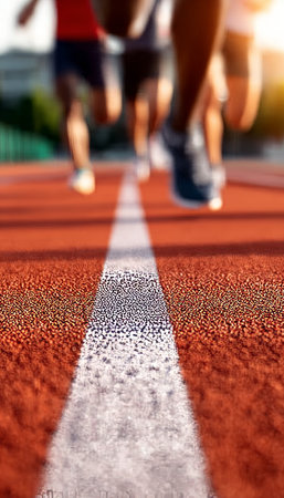 Dynamic athletes sprinting on the track at sunrise, showcasing speed, discipline, and intensity.の素材
