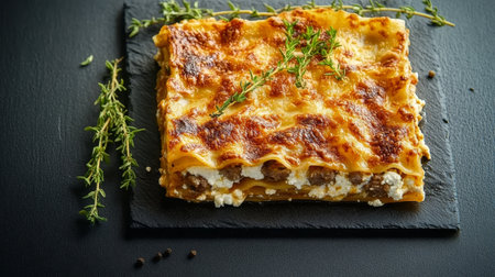 Delicious Homemade Italian Lasagna Slice with Cheese, Sausage, and Fresh Herbs on a Dark Backgroundの素材
