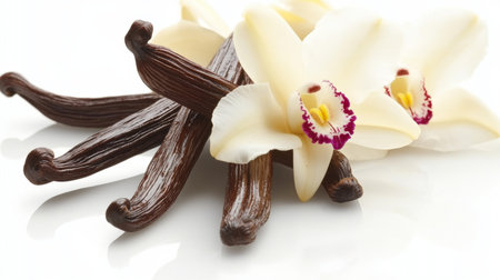 Aromatic Vanilla Bean Arrangement on a White Background, Showcasing Natural Flavoring and Spicesの素材