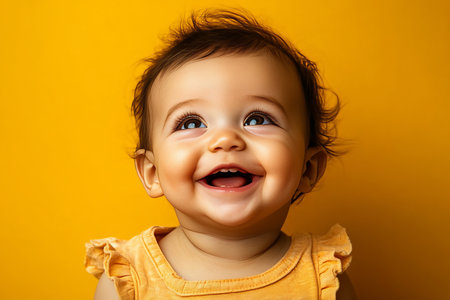 Adorable baby girl laughing and gazing upward during vibrant photoshoot on yellow backgroundの素材