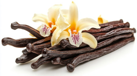 Elegant Still Life of Dried Vanilla Beans and Orchid Plant Against Soft Neutral Backgroundの素材