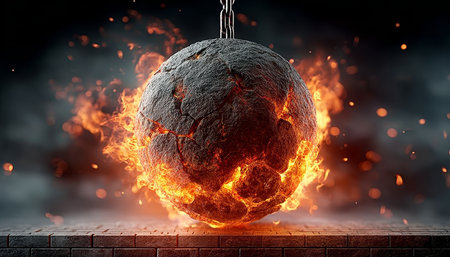 Destructive Force of Impact Reveals the Nature of a Swinging Wrecking Ball During Demolition Phaseの素材
