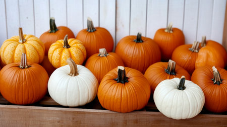 A Beautiful Array of Colorful Pumpkins on a Wooden Crate, Perfect for Autumn and Thanksgiving Decorの素材