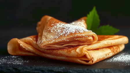 Delicate Folded Crepes Dusted with Sweet Powdered Sugar and Fresh Berries for Culinary Indulgenceの素材