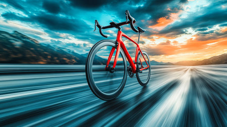 Athlete Cycling at High Speed on a Racing Trail Under a Dynamic Sky, Emphasizing Aerodynamicsの素材