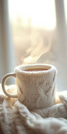 Warm and Cozy Knit Cup Filled with Steaming Beverage, Perfect for Winter Relaxation Moments at Homeの素材