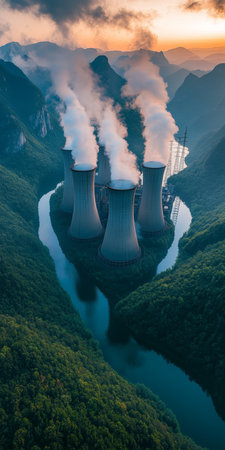 Aerial View of Lush Green Valley with Power Lines and Mist During Breathtaking Sunset Sceneの素材