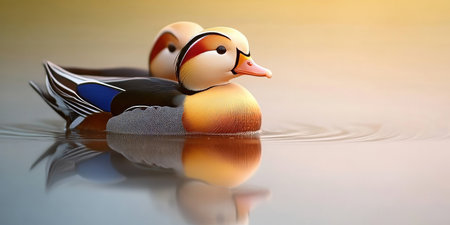 Two Elegant Mandarin Ducks Swimming on a Misty Golden Pond at Dawn, Capturing Pure Tranquilityの素材