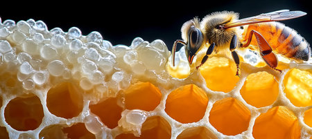 Extreme Closeup of a Working Honey Bee on Vibrant Golden Honeycomb, Captured in Natural Lightの素材