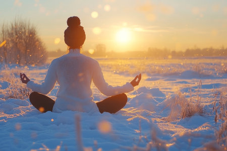 Back View of a Person Practicing Mindfulness Yoga in Winter During a Frosty Sunset in Natureの素材