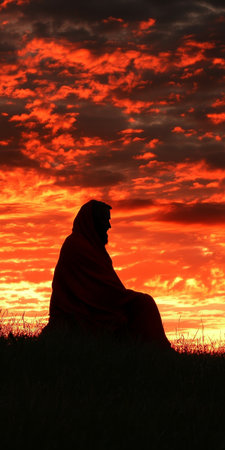 Lone Figure Contemplates Life Against a Dramatic Sunset Sky, Reflecting on Serenity and Journeyの素材