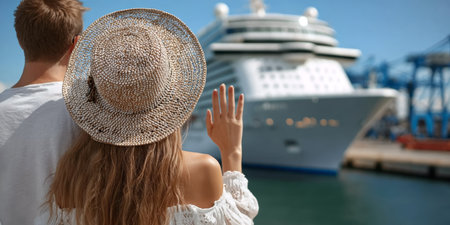 Excited couple waving goodbye to a luxury cruise ship as they embark on a sunny romantic getawayの素材