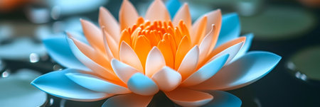 Elegant pastel lotus flower blooming with vibrant colors on a serene dark water surface background.の素材