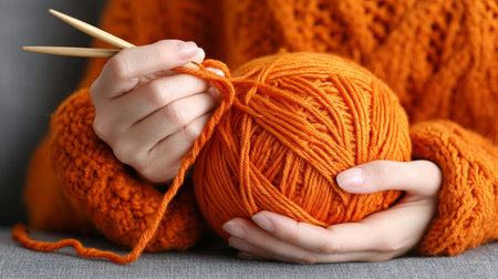 Close-up of a person enjoying the cozy art of knitting a colorful sweater with soft wool indoorsの素材