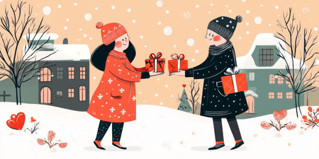 Adorable Cartoon Gift Exchange in a Cozy Snowy Setting, Celebrating Love and Joy Together.の素材