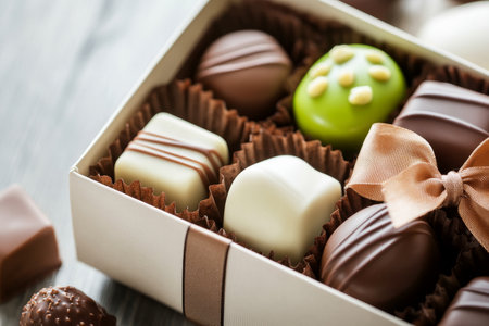 Elegant Chocolates in a Beautiful Box Tied with a Decorative Ribbon, Perfect Gift for Any Occasionの素材