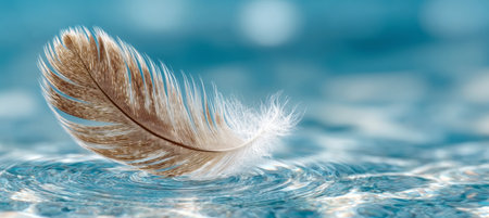 Colorful Bird Feather Floating on Calm Water, Creating Beautiful Abstract Nature Ripplesの素材