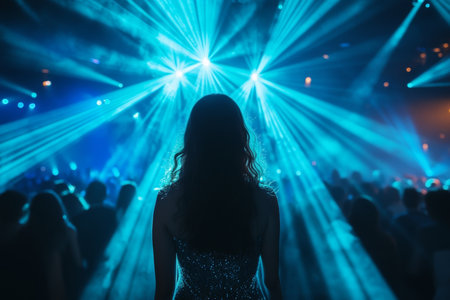 Vibrant Nightclub Scene with Blue Beams and Dancing Silhouettes Creating Energetic Atmosphereの素材