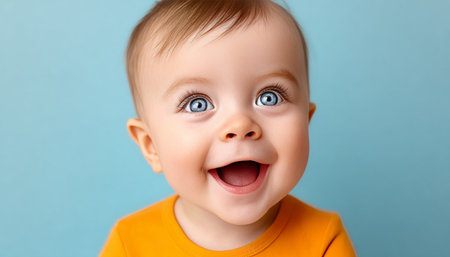 Adorable Baby Portrait with Expressive Face and Bright Eyes on a Soft Blue Background, Full of Joyの素材