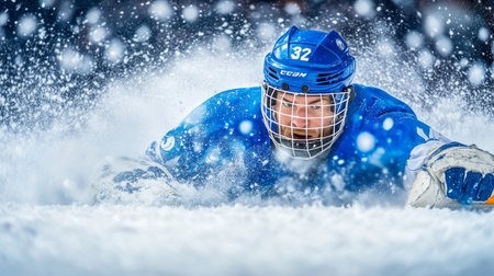 Dynamic Action Shot in Ice Hockey Arena, Goalie Makes Incredible Save Under Pressure During Matchの素材