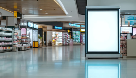 Illuminated Advertising Panel Displaying Promotions Near Retail Shop Front in Busy Mall Areaの素材