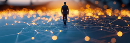 Businessman Striding Confidently Through a Futuristic Abstract Network of Technology and Innovationの素材