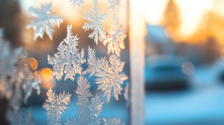 Delicate frost crystals forming intricate patterns on a cold window glass pane during winter season.の素材