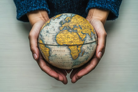 Hands Holding a Globe Symbolizing Care for the Planet and Commitment to Environmental Sustainabilityの素材
