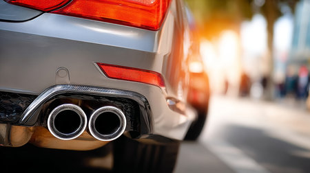 Close Up of a Modern Luxury Vehicle s Rear View, Highlighting a Stylish Exhaust System and Designの素材