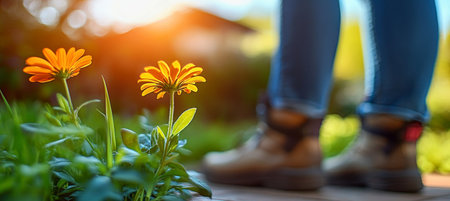 Vibrant Eye-Level View of Blooms Bordering a Paved Terrace, Ideal for Inviting Hiker Approachの素材