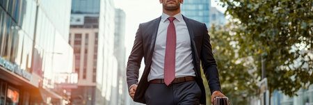 Focused Young Professional in Dark Suit and Textured Tie Walking to Work on a Bright City Streetの素材