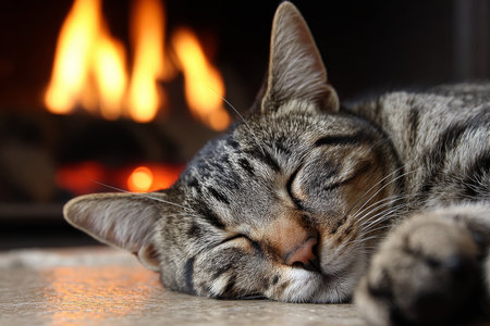 Lazy striped European tabby cat enjoys warming by the crackling fireplace indoors during winterの素材