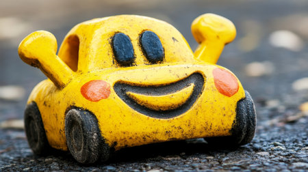 Bright and Cheerful Yellow Car Toy with a Smiling Face, Perfect for Childrens Playtime Adventuresの素材