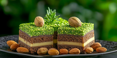 Delightful Pistachio Dessert with Indulgent Chocolate Layers and Nut Slices for a Gourmet Experienceの素材
