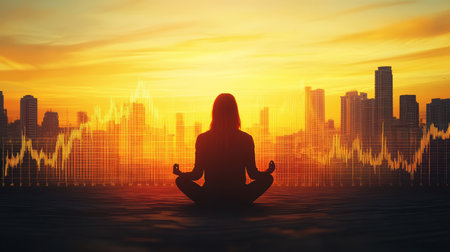 Mindfulness and Finance A Serene Woman Meditating Against a Financial Growth Graph for Balanceの素材