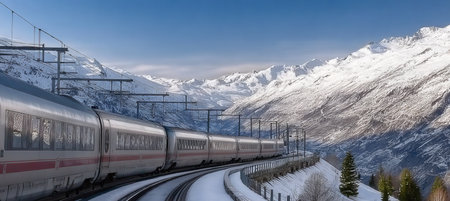 High-speed passenger train traveling through breathtaking winter Alpine landscapes and scenic views.の素材