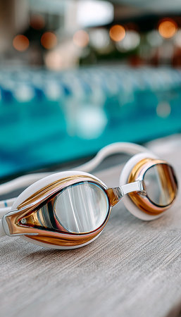 Elegant and Stylish Swimming Goggles Resting on the Edge of a Crystal Clear Modern Pool Waterの素材